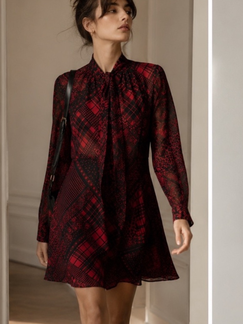 EUC The Kooples Red & Black Mixed-Print Tie-Neck Mini Dress
